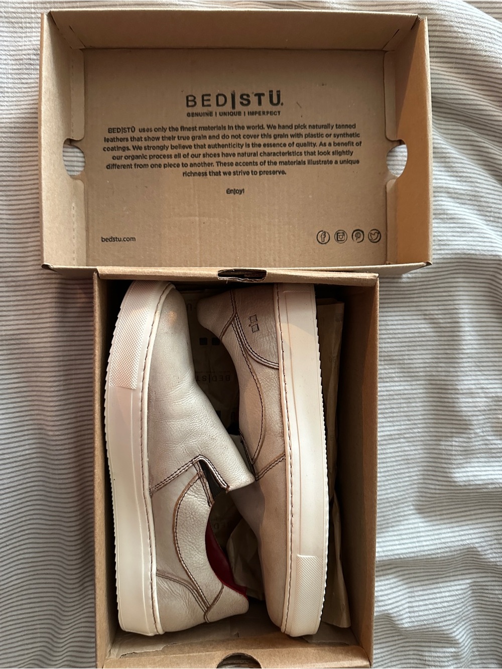 BED|STU Women’s Taupe Leather Slip-On Sneakers with White Sole